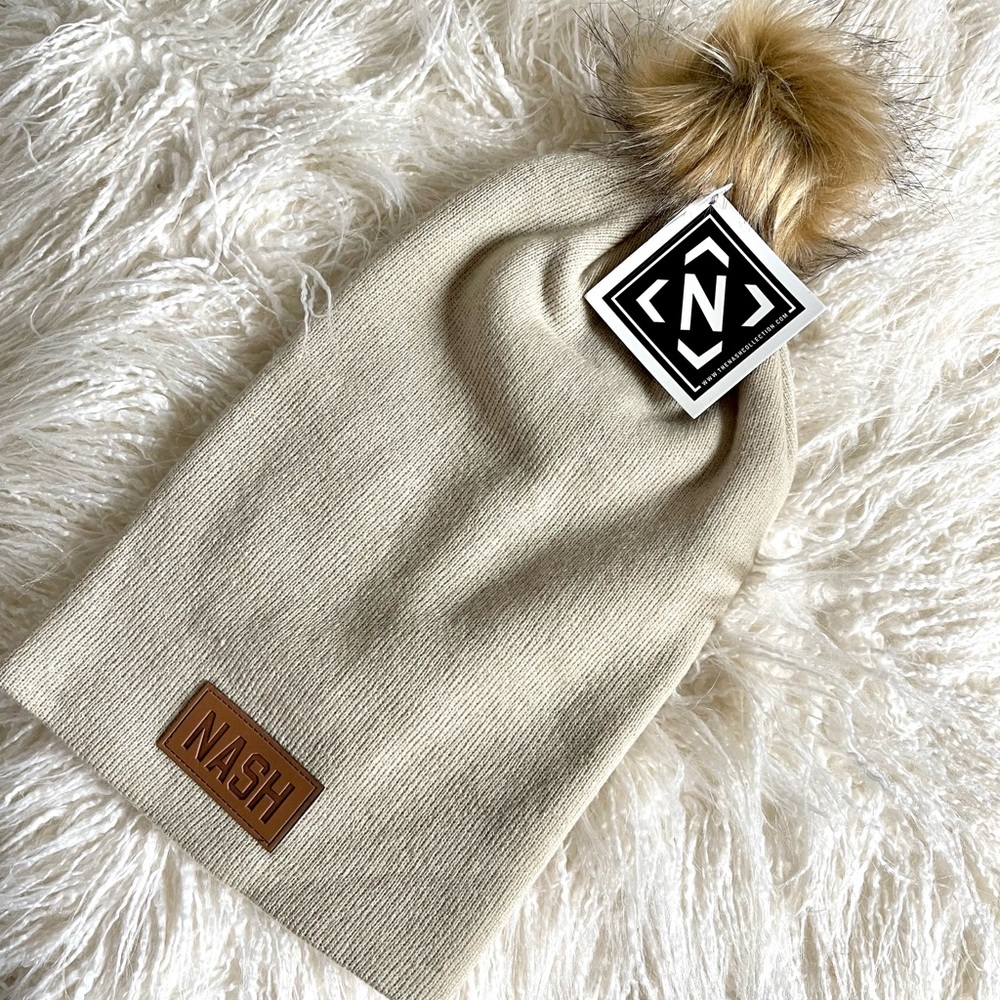 NASH Collection Slouch Pom Beanie Oatmeal Ribbed Cotton NWT